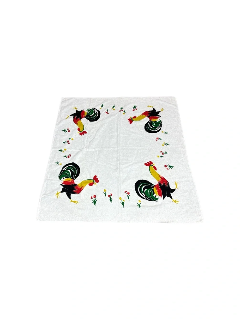 Vintage 1940s 50s Terrycloth Rooster Novelty Print Square Tablecloth 48x53”